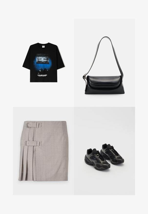 Črna oversize majica s kratkimi rokavi, ki na sprednji strani nosi grafični tisk v modri in beli barvi z napisom "UDARI ME MOČNO IN NEŽNO".; Siva krila iz teksturirane tkanine, s stranskimi naborki in dvema zaponkama za prilagajanje. Klasična prava oblika, dolžina do kolen.; Črne atletske čevlje iz sintetičnega materiala, z mrežnimi dodatki in zaobljenimi podplati. Imajo sistem vezanja in izrazit Nike logotip na ježku.; Črna usnjena torbica z oblikovano strukturo, gladko teksturo in eno naramnico. Opremljena je z diskretnim, zaobljenim pokrovom.; Srebrna Casio quartz ura s pravokotno/png-iskonsko obliko, analogno in digitalno prikazovanje, jekleni pas in vodoodporne funkcije.