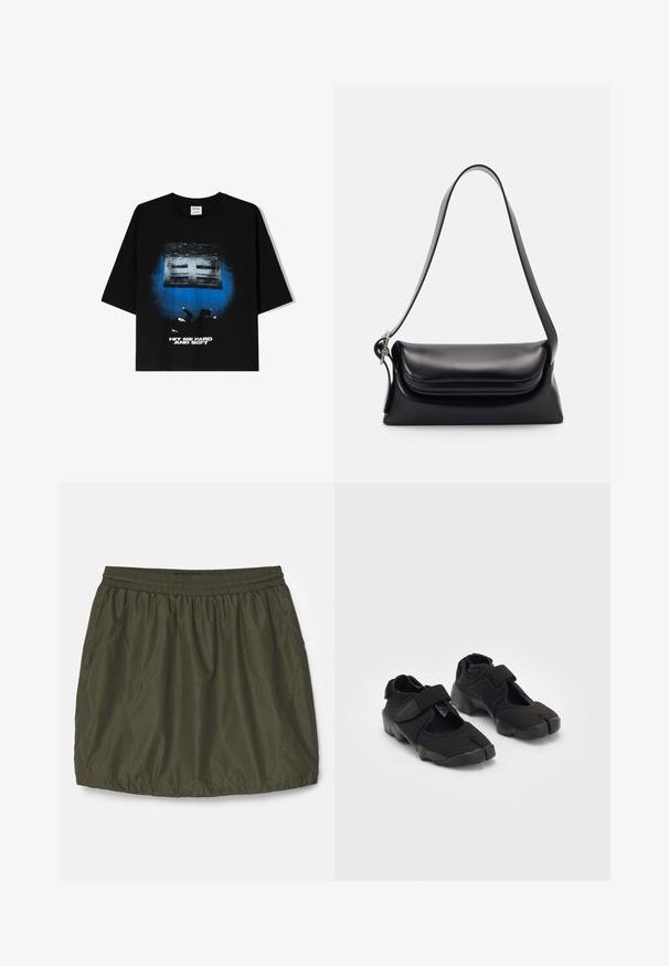 Schwarzes oversized T-Shirt mit kurzen Ärmeln, das auf der Vorderseite einen grafischen Druck in Blau und Weiß mit der Aufschrift "HIT ME HARD AND SOFT" zeigt.; Olivengrüner, leichter Rock mit elastischem Bund, geraffter Textur, Seitentaschen und genähten Details.; Schwarze Wasserschuhe aus flexiblem Stoff mit einem Klettverschluss, ausgestattet mit einem einzigartigen Zehentrenndesign und einer strukturierten Gummisohle für besseren Halt.; Schwarze Lederhandtasche mit strukturiertem Design, glatter Textur und einem einzelnen Schulterriemen. Verfügt über ein dezentes, abgerundetes Klappendesign.; Silberne Casio Quarzuhr mit rechteckigem Ziffernblatt, analogem und digitalem Display, Edelstahlarmband und wasserdichten Eigenschaften.