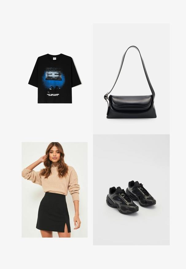 T-shirt noir oversize à manches courtes, avec un imprimé graphique en bleu et blanc indiquant "HIT ME HARD AND SOFT" sur le devant.; Pull en tricot beige avec des poignets côtelés, associé à une mini-jupe noire avec une fente sur le côté. L'ensemble présente une silhouette détendue mais ajustée.; Chaussures de sport noires en matériau synthétique, avec des accents en mesh et des semelles arrondies. Équipées d'un système de laçage et d'un logo Nike bien visible sur la languette.; Sac à main en cuir noir avec une forme structurée, une texture lisse et une seule bandoulière. Présente un design de rabat arrondi et subtil.; Montre à quartz Casio argentée avec un cadran rectangulaire, affichages analogiques et numériques, bracelet en acier inoxydable et caractéristiques de résistance à l'eau.