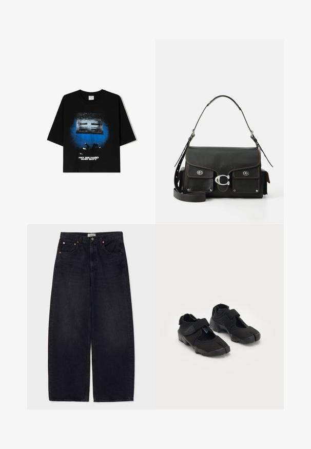 Crna oversized majica s kratkim rukavima, s grafičkim otiskom u plavoj i bijeloj boji koji na prednjoj strani glasi "UDARITE ME JAKO I MEKO".; Široke traperice crne boje s bakrenim gumbima, dva prednja džepa i glatkom teksturom. Čist dizajn s ravnim krojem.; Crne vodene cipele od fleksibilnog materijala s čičak trakama, s jedinstvenim dizajnom razdvojenog prsta i teksturiranom gumenom potplatom za bolje prianjanje.; Crna kožna torba s poklopcem, srebrnim dodacima, dva prednja džepa, kontrastnim šavovima i odvojivom naramenicom.; Srebrni Casio kvarcni sat s pravokutnim licem, analognim i digitalnim displejima, narukvicom od nehrđajućeg čelika i vodootpornim svojstvima.