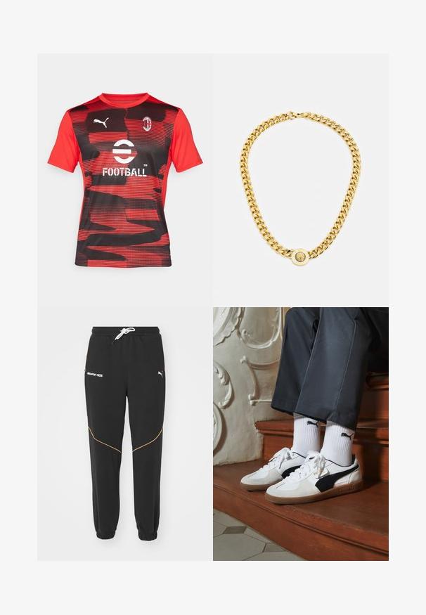 Röd och svart kortärmad fotbollsdräkt med vågmönster, med rund hals, Puma-logotyp och klubbens logotyp på bröstet.; Puma Träningsbyxor - puma black; Puma-sneakers i vit och svart mocka, med en brun gummisula. Kombinerade med vita strumpor som visar upp en svart logotyp, bärs tillsammans med mörka byxor.; Guldhalsband med stora sammanlänkade kedjor, med en cirkulär hängare i mitten som har en upphöjd emblem.