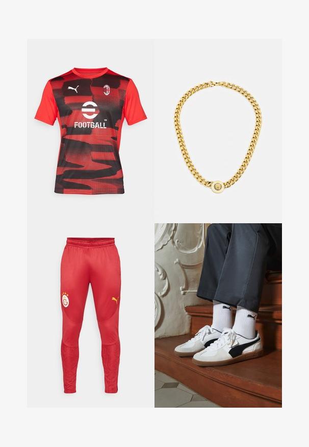 Rood en zwart kortemouw voetbalshirt met een golfpatroon, voorzien van een ronde hals, Puma-logo en clublogo op de borst.; Puma GALATASARAY ISTANBUL TRAINING PANTS - Fanartikel - red rhythm/intense orange; Puma sneakers in wit en zwart suède, met een bruine rubberen zool. Gecombineerd met witte sokken met een zwart logo, gedragen met donkere broek.; Gouden ketting met grote onderling verbonden schakels, met een ronde hanger in het midden met een verhoogd embleem.