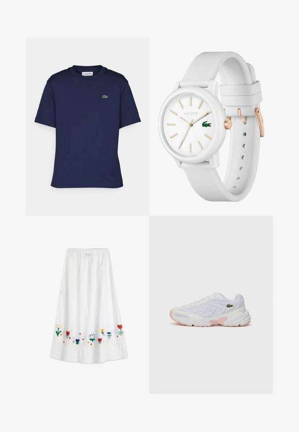 Korte mouwen marineblauwe t-shirt van katoen, met een ronde hals en een klein groen Lacoste-logo op de linkerkant van de borst.; Bobo Choses GARDEN
- Maxirok - white; Witte sportieve schoenen met een gestructureerde mesh bovenwerk, subtiele roze accenten op de zool en een groene krokodil logo op de zijkant.; Witte siliconen horloge met een gestructureerde band, featuring een ronde wijzerplaat, gouden markers en een groene Lacoste-logo.