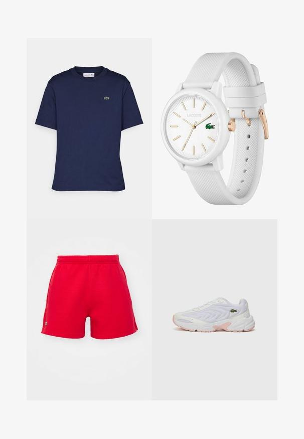 Tielko s krátkym rukávom v námorníckej modrej farbe vyrobené z bavlny, so základným výstrihom a malým zeleným logom Lacoste na ľavej hrudi.; Červené šortky vyrobené z jemnej látky, s elastickým pásom a malým logom na ľavej strane. Klasický strih s hladkým povrchom.; Biele športové topánky s textúrovaným sieťovým zvrškom, jemné ružové akcenty na podrážke a zelené logo krokodíla po boku.; Biely silikónový hodinky s textúrovaným remienkom, s okrúhlym ciferníkom, zlatými indexami a zeleným logom Lacoste.