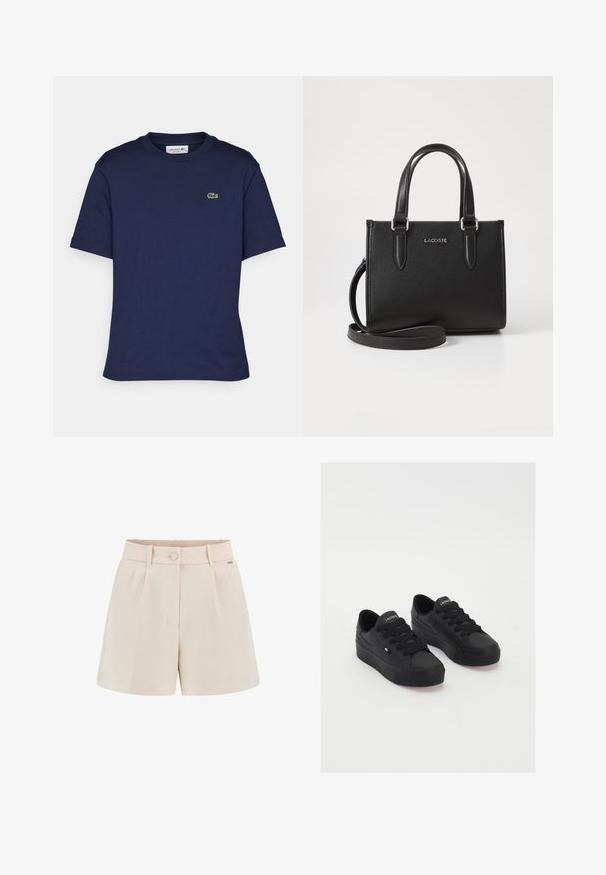 Īsām piedurkņu nakts zilas krāsas krekliņš, izgatavots no kokvilnas, ar apaļu kakla izgriezumu un mazu zaļu Lacoste logotipu kreisajā krūtī.; Beige pieguļošas šortus ar krokām, priekšējo pogu aizdari un sānu kabatām. Izgatavoti no gludas auduma ar tīru apdari un smalku zīmola detaļu.; Melnas zemas sporta kurpes, izgatavotas no gludas auduma, ar biezām auklām, teksturētu zoli un mazu logotipu sānos un mēlītē.; Melnas teksturētas ādas rokassoma ar īsām rokturēm un noņemamu plecu siksnu. Priekšā ir sudraba "LACOSTE" logo.