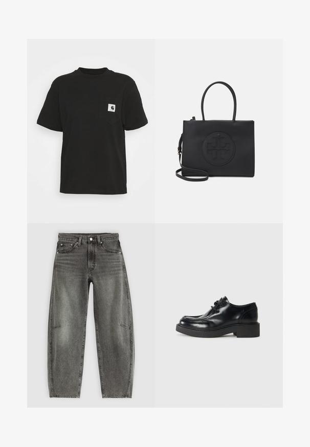 Black cotton T-shirt with short sleeves, round neckline, and a front pocket featuring a square logo in white and black.; High-waist grey washed denim jeans with five pockets, button closure, and a relaxed straight-leg fit.; Black leather oxford shoe with a rounded toe, lace-up design, and a thick black rubber sole. Smooth texture and minimal stitching details.; Black handbag made of smooth material with dual handles, a detachable shoulder strap, and a round embossed logo detail on the front.