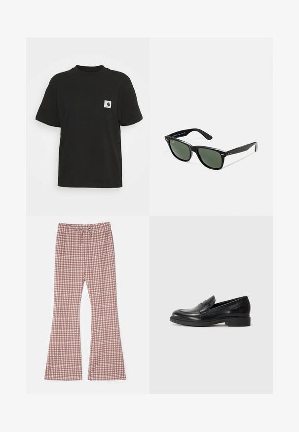 Musta puuvillapaita, jossa on lyhyet hihat, pyöreä kaula-aukko ja etutasku, jossa on neliölogo valkoisena ja mustana.; Ruskeat ja valkoiset ruudulliset leveälahkeiset housut, joissa on joustava vyötärö ja nyöritys. Ne on valmistettu kevyestä kankaasta ja niissä on rento istuvuus sekä sileä rakenne.; Musta nahkainen loafer-kenkä, jossa on pyöristetty kärki, ommeltu yksityiskohta ja matala lohkokorko. Tasainen pinta ilman näkyviä kuvioita tai korostuksia.; Mustat muoviset aurinkolasit, joissa on vihreät linssit, neliönmuotoiset kehykset, hopeinen yksityiskohta kulmakarvojen kohdalla sekä tekstuuriset temppeleiden varret. Brändi ilmoitettu sisävarsissa.