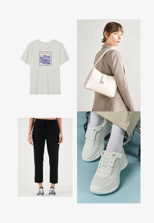 T-maica boje krem s grafikom hotela u ljubičastoj i narančastoj boji, okruženom borderom nalik na markicu. Kratki rukavi, okrugli izrez.; Crne trenirke s elastičnim pojasom i vezicom, s kraćom dužinom i ležernim krojem, uparenim s crno-bijelim tenisicama.; Bijele tenisice s mrežastim materijalom, gumeni potplat, dizajn bez vezica s elastičnim trakama i zlatnim detaljima.; Bijela kožna torba s čvrstim dizajnom, s magnetskim kopčanjem i remenom za rame, prikazana na neutralnoj pozadini.