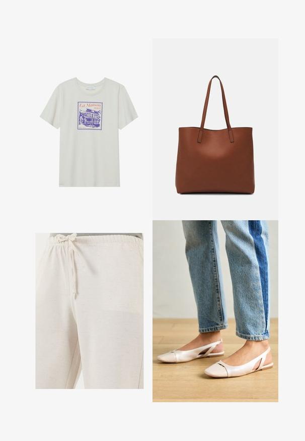 Bela bombažna majica s kratkimi rokavi, okroglim ovratnikom in grafiko hotela v vijolični in oranžni barvi, uokvirjeno v rob stamp. ; LELA REGULAR FIT - Hlače - beige; Svijetloružičaste slingback balerinke s šiljastim nožnim prstima, napravljene od glatkog materijala nalik koži. Imaju izrezane detalje sa strane i ravne pete.; Rjava usnjena torba z gladko teksturo, odprto zasnovo zgoraj in dvema naramnima trakovoma. Opremljena je z minimalnim šivanjem in brez vidnih kovinskih delov.