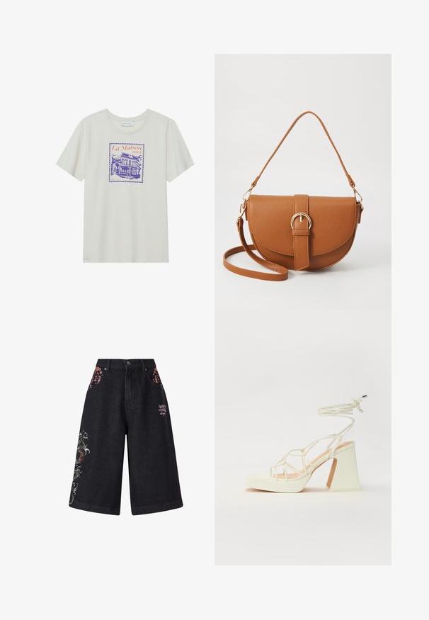 Krämfärgad bomullströja med en lila och orange grafik av ett hotell, inramad inom en frimärksliknande kant. Korta ärmar, rund nacke.; Svarta denim culottes-shorts med blommig brodering på fickorna och en drakdesign. Har en knappgylf och en tryckt logotyp på baksidan.; Vit högklackad sandal med en kraftig klack, med ett remdesign och ankelband. Slät textur med en plattform framtill för ökad höjd.; Brun läder crossbody-väska med en böjd form, gyllene detaljer och en spänneaccent. Har en avtagbar axelrem.