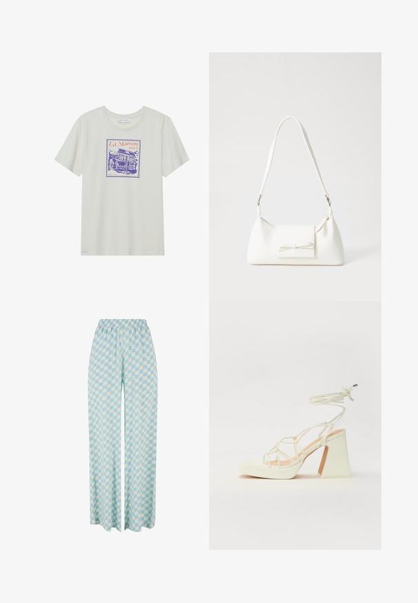 T-maica boje krem s grafikom hotela u ljubičastoj i narančastoj boji, okruženom borderom nalik na markicu. Kratki rukavi, okrugli izrez.; Svijetloplave široke hlače s kariranim uzorkom u izmjeničnim nijansama, s elastičnom waistbandom za udobnost.; Bijela sandala na visokoj potpetici s debelim petom, s remenom i vezanjem oko gležnja. Glatka tekstura s platformom sprijeda za dodatnu visinu.; Bijela sintetička torbica s trokutastim oblikom, ravnim prednjim poklopcem i detaljem u obliku mašne, podesivom remenom, glatkom teksturom i minimalističkim dizajnom.