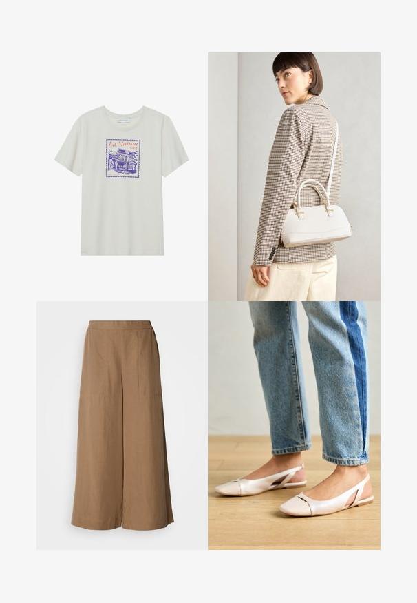 Kreemikaalane puuvillane t-särk, millel on lilla ja oranž graafika hotellist, raamitud nagu postitempel. Lühikesed varrukad, ümar kaelus.; Kerged püksid heledast pruunist kudumisest. Omavad kõrget elastset vööd, küljetaskuid ja sujuvat tekstuuri.; Kahvatu roosa slingback lapikute jalatsite paar, millel on terav varvas, valmistatud siledast nahataolisest materjalist. Omab külgedel lõikekohti ja lapikut kontsa.; Valge struktureeritud käekott lühikeste käepidemete ja õlavööga, millel on kuldse riistvara aktsendid ja tekstuuriga materjal, eksponeeritud halli taustal.