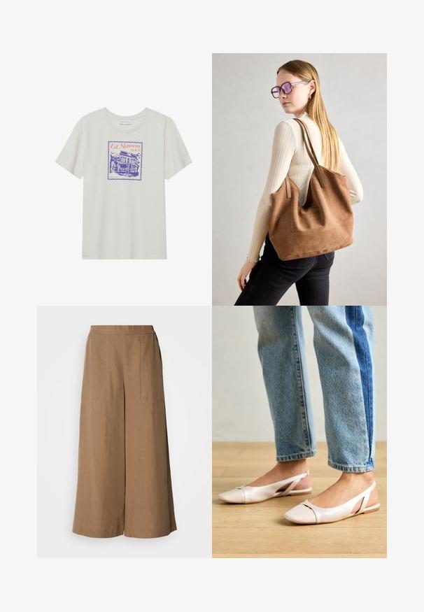 Crème-kleurig katoenen t-shirt met een paarse en oranje afbeelding van een hotel, ingekaderd binnen een stempelachtige rand. Korte mouwen, ronde halslijn.; Brede broekspijpen in een lichtbruine, geweven stof. Kenmerkt zich door een hoge elastische tailleband, zijzakken en een soepele textuur.; Zachtroze slingback ballerina's met een spitse neus, gemaakt van een glad leerachtig materiaal. Bevat uitsnijdingen aan de zijkanten en heeft een platte hak.; Bruine suède totebag met zachte textuur, grote opening en lange hengsels. Het heeft een eenvoudig ontwerp met zichtbare stiksels en geen hardware.