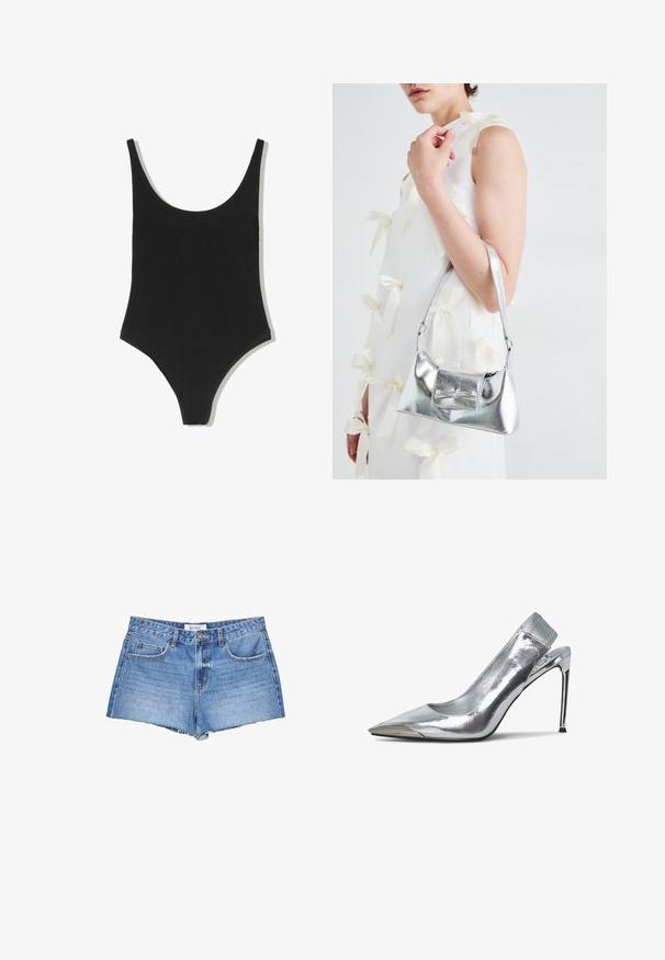 Černé jednodílné plavky s kulatým výstřihem, bezešvým designem a vysokými průřezy na nohách, vyrobené z hladké, texturované tkaniny.; Džínové šortky v světle modrém odstínu, s třepaným lemem, klasickým pětipocket designem a zapínáním na knoflík vpředu.; Stříbrná lodička na vysokém podpatku se špičatou špičkou a metalickým povrchem. Disponuje elegantním designem a minimalistickými akcenty na podpatku.; Stříbrná kovová kabelka se strukturovaným tvarem, s horním držadlem a detailem v podobě mašle na přední straně. Hladký povrch, reflexní lesk.