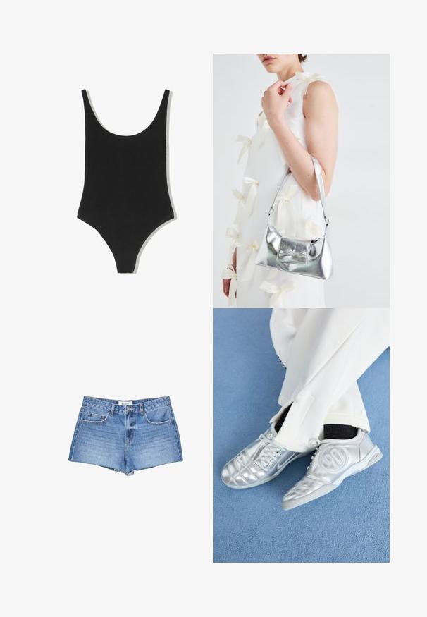 Černé jednodílné plavky s kulatým výstřihem, bezešvým designem a vysokými průřezy na nohách, vyrobené z hladké, texturované tkaniny.; Džínové šortky v světle modrém odstínu, s třepaným lemem, klasickým pětipocket designem a zapínáním na knoflík vpředu.; Stříbrné sportovní boty s hladkým, lesklým povrchem, se šitým designem a číslem 90 na boku, spárované s bílými kalhotami.; Stříbrná kovová kabelka se strukturovaným tvarem, s horním držadlem a detailem v podobě mašle na přední straně. Hladký povrch, reflexní lesk.