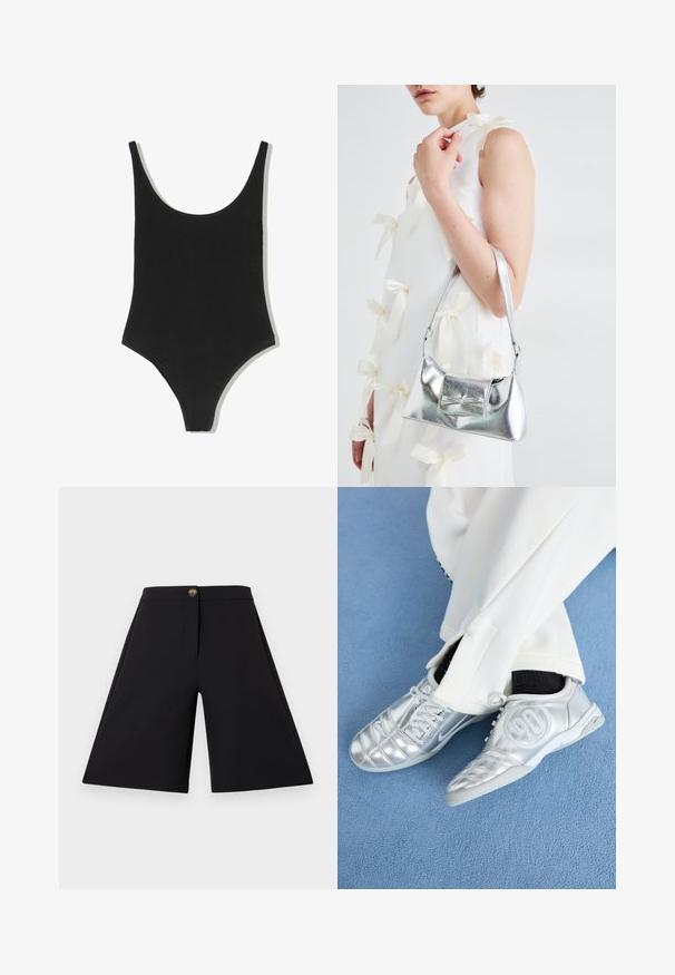 Sort badedragt med scoopudskæring, sømløs design og højt skårede benåbninger, lavet af et glat, tekstureret stof.; Sorte bredbenede shorts med en glat tekstur, frontknaplukning og rene linjer. Designet uden lommer for et slankt udseende.; Sølv athletic sko med en glat, skinnende finish, der har et syet design og nummer 90 på siden, parret med hvide bukser.; Sølvmetallic håndtaske med en struktureret form, der har et topgreb og en sløjfedetalje på forsiden. Glat tekstur, reflekterende finish.