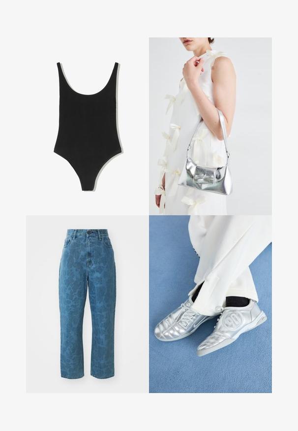 Zwarte éénstuk zwempak met een scoop halslijn, naadloos ontwerp en hoge beenopeningen, gemaakt van een gladde, textuurstof.; Lichtblauwe denim jeans met een subtiele gemusterde textuur, hoge taille en rechte pijpen. Voorzien van een knoop- en ritssluiting aan de voorkant.; Zilveren sportschoenen met een gladde, glanzende afwerking, voorzien van een gestikt ontwerp en het nummer 90 aan de zijkant, gecombineerd met witte broek.; Zilveren metallic handtas met een gestructureerde vorm, voorzien van een bovenhandvat en een strikdetail aan de voorkant. Gladde textuur, reflecterende afwerking.