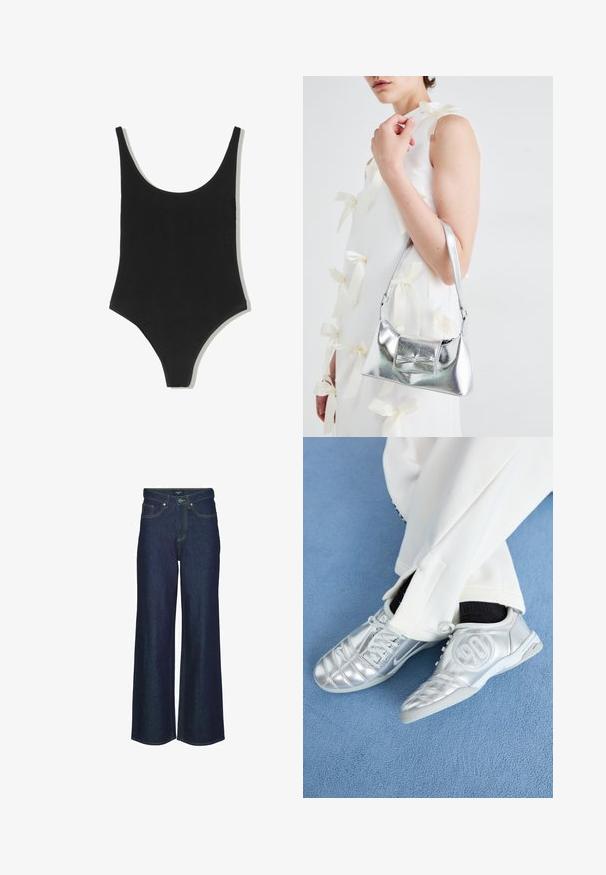 Črn enodelni kopalni kostim z globokim izrezom, brezšivno zasnovo in visokimi izrezi na nogah, izdelan iz gladkega, teksturiranega materiala.; Temno modre široke jeans hlače z visokim pasom, ki vključujejo šive, zanke za pas in sprednje žepe. Gladka tekstura, klasična zasnova.; Srebrni atletski čevlji z gladkim, sijočim zaključkom, z našitim dizajnom in številko 90 na strani, v kombinciji z belimi hlačami.; Srebrna metalna torbica z oblikovano strukturo, ki ima zgornji ročaj in detajl v obliki mašne spredaj. Gladka tekstura, z odsevnimi površinami.; Srebrni kovinski uhani z valovitim, skulpturalnim dizajnom, ki se ponašajo s poliranim zaključkom in nerednimi oblikami, kar poudarja sodobno estetiko.