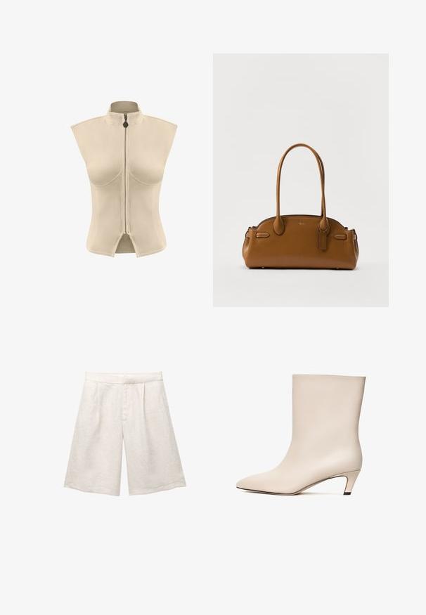 Beżowa bezrękawnik z wysokim kołnierzem i centralnym zamkiem błyskawicznym. Gładki materiał o strukturalnym kształcie i rozciętym dołem.; Beżowe lniane szorty o szerokich nogawkach, z plisami z przodu i gładkim pasem. Materiał ma lekko teksturowane wykończenie.; Beżowe skórzane botki za kostkę z zakończeniem w kształcie szpica i stożkowym obcasem. Gładka tekstura z minimalnym przeszyciem i elegancka sylwetka.; Skórzana torba w kolorze brązowym o gładkiej teksturze, zaokrąglonym kształcie, podwójnych uchwytach i dekoracyjnym metce. Posiada subtelne przeszycia i elegancki design.