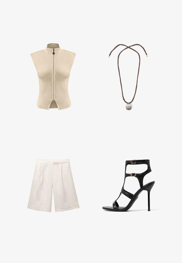 Beige ärmellose Jacke mit hohem Kragen und zentralem Reißverschluss. Glatter Stoff mit strukturierter Form und geschlitzt am Saum.; Beige Leinenbermudas mit weitem Bein, versehen mit Vorderfalten und glattem Bund. Der Stoff hat eine leicht strukturierte Oberfläche.; Schwarze High-Heel-Sandale mit einer Kunst-Krokodiltextur, ausgestattet mit zwei Schnallenverzierungen und einem offenen Design. Eleganter Stiletto-Absatz.; Halskette mit einem braunen Band und einem silbernen ovalen Anhänger. Der Anhänger hat eine glatte Oberfläche und eine leichte Vertiefung in der Mitte.
