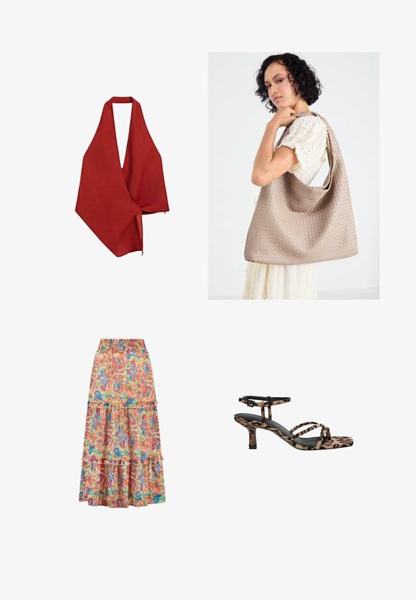Enveloppe en lin rouge avec un décolleté en V profond. Tissu léger et texturé qui tombe de manière asymétrique, avec une finition à bord brut.; Jupe florale à plusieurs niveaux avec une taille smockée, un tissu léger et un mélange de couleurs vives, y compris le rouge, le bleu et le vert.; Sandales à talons imprimées léopard avec un bout carré, plusieurs brides et un talon de hauteur intermédiaire. Fabriquées en matériau textile doux.; Sac fourre-tout tissé beige avec un design décontracté et une seule sangle pour l'épaule. Présente un motif texturé sur toute la surface.