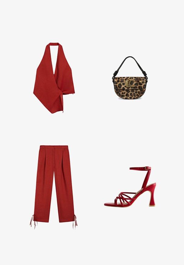 Rode linnen wikkel met een diepe V-hals ontwerp. Lichtgewicht, gestructureerde stof valt asymmetrisch en heeft een onbewerkte randafwerking.; Rode wijde broek met elastische tailleband en drawstring bij de zoom, gemaakt van lichte stof.; Rode sandaal met hoge hak en een strak ontwerp, met kruislingse banden, een enkelbandje met een gesp en een getextureerde hak.; Tasje met luipaardpatroon en een zwart leren handvat, voorzien van een goudkleurig logo-accent. Getextureerde stof en ronde vorm.