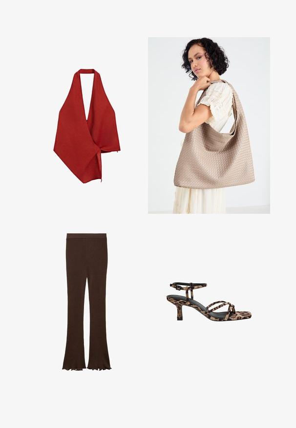 Czerwony lniany szal o głębokim dekolcie w kształcie V. Lekki materiał o teksturowanej strukturze asymetrycznie opada, zakończony surowym brzegiem.; Brązowe legginsy z prążkowanym wzorem i rozszerzanymi nogawkami, elastyczny dzianinowy materiał, szeroki pas i gładka tekstura. Idealne na casualowe wyjścia.; Sandały na obcasie w panterkę, ze kwadratowym noskiem, wieloma paskami i średnim obcasem. Wykonane z miękkiego materiału tekstylnego.; Wykonana z tkanej beżowej torba na ramię o luźnym fasonie i pojedynczym pasku na ramię. Posiada teksturowany wzór na całej powierzchni.