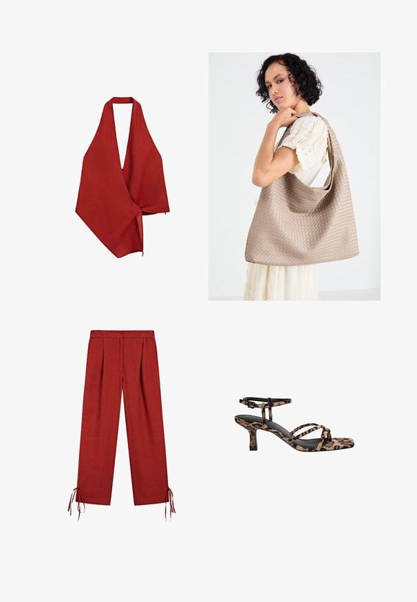 Rode linnen wikkel met een diepe V-hals ontwerp. Lichtgewicht, gestructureerde stof valt asymmetrisch en heeft een onbewerkte randafwerking.; Rode wijde broek met elastische tailleband en drawstring bij de zoom, gemaakt van lichte stof.; Luipaardprint hakken met een vierkante neus, meerdere bandjes en een middelhoge hak. Gemaakt van zacht textielmateriaal.; Geweven beige draagtas met een slungelige vorm en een enkele schouderband. Kenmerkt zich door een textuurpatroon over het hele oppervlak.