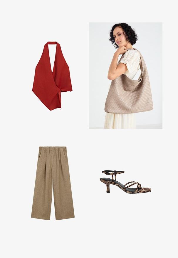 Rød hørindpakning med en dyb V-halsdesign. Letvægts, struktureret stof draperer asymmetrisk og har en rå kantfinish.; Brede bukser i lysebrunt stof med tekstureret overflade, der har en elastisk talje og sidelommer.; Sandaler med hæl i leopardmønster og firkantet tå, med flere stropper og en mellemhøj hæl. Fremstillet af blødt tekstilmateriale.; Vævet beige tote taske med et afslappet design og en enkelt skulderrem. Har et struktureret mønster over hele overfladen.