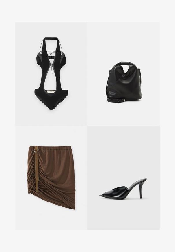 Schwarzer Badeanzug mit ausgeschnittenen Seiten, dicken Trägern und einem V-Ausschnitt-Design. Hergestellt aus glattem Stoff, mit einem markierten Etikett auf der Rückseite.; Brauner knielanger Rock aus einem weichen, leichten Stoff; mit gerafften Details und einem seitlichen Riemen mit einem Metallschmuckelement.; Schwarze Leder-High-Heels mit offener Zehenpartie, spitzem Design, glatter Textur und schmalem Stiletto-Absatz.; Schwarze, weiche Ledertasche mit einem einzigartigen verdrehten Design. Hat einen kurzen Griff und einen abnehmbaren Schultergurt. Minimalistischer Stil.