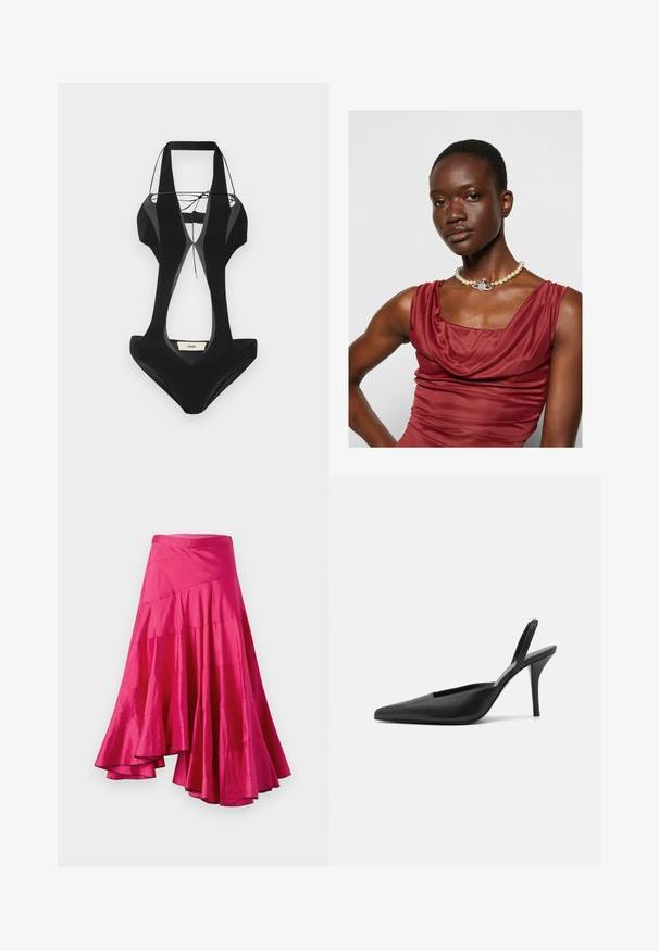Costum de baie negru cu tăieturi pe laterale, bretele groase și un design în formă de V. Fabricat dintr-un material neted, având o etichetă de marcă pe spate.; Fusta satinată magenta, cu tiv evazat, având panouri suprapuse și un design asimetric. Textură netedă și croială de lungime medie.; Pantofi cu toc slingback negri, cu vârful ascuțit, din material din piele netedă, având un design elegant și minimalist. Toc înalt, tip stiletto.; Rochie adâncă, de culoare roșu închis, cu un guler tip cowl și o textură netedă. Dispune de o brățară cu perle, cu un accent decorativ din argint în centru.
