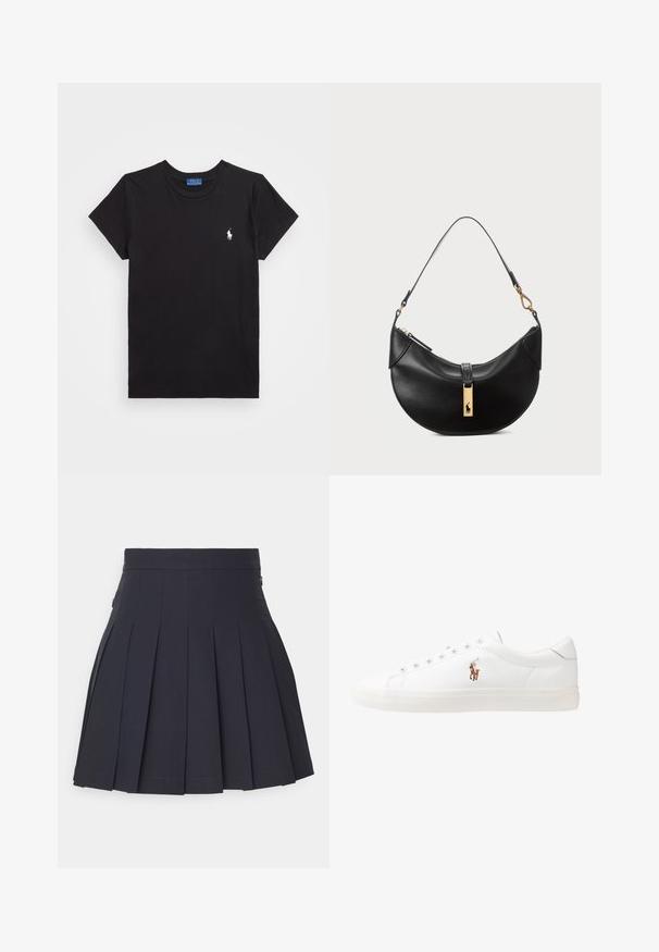 Camiseta de algodón negra con escote redondo, mangas cortas y un logo bordado en blanco en el lado izquierdo del pecho. Textura suave, diseño casual.; J.LINDEBERG Sports ADINA GOLF SKIRT - Falda de deporte - navy; Zapatillas de cuero blancas, diseño de corte bajo, con una textura suave, puntera redonda, cordones en la parte delantera y un pequeño logo bordado en el lateral.; Bolso de cuero negro en forma de media luna. Presenta un acento de hardware dorado y una correa estrecha. Textura suave, cierre de cremallera en la parte superior.