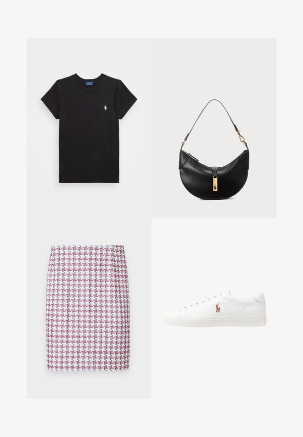 Schwarzes Baumwoll-T-Shirt mit Rundhalsausschnitt, kurzen Ärmeln und einem weißen gestickten Logo auf der linken Brust. Glatte Textur, lässiges Design.; Gewebter Rock in rot, weiß und blau im karierten Muster, mit gerader Form und glatter Textur, sowie einer mittelhohen Taille.; Weiße Leder-Sneaker, niedrig geschnitten, mit glatter Textur, runder Zehenpartie, Schnür vorne und kleinem gesticktem Logo an der Seite.; Schwarze Lederhandtasche in Halbmondform. Verfügt über eine goldene Hardware-Akzentuierung und einen schmalen Tragegurt. Sanfte Textur, Reißverschlussverschluss an der Oberseite.