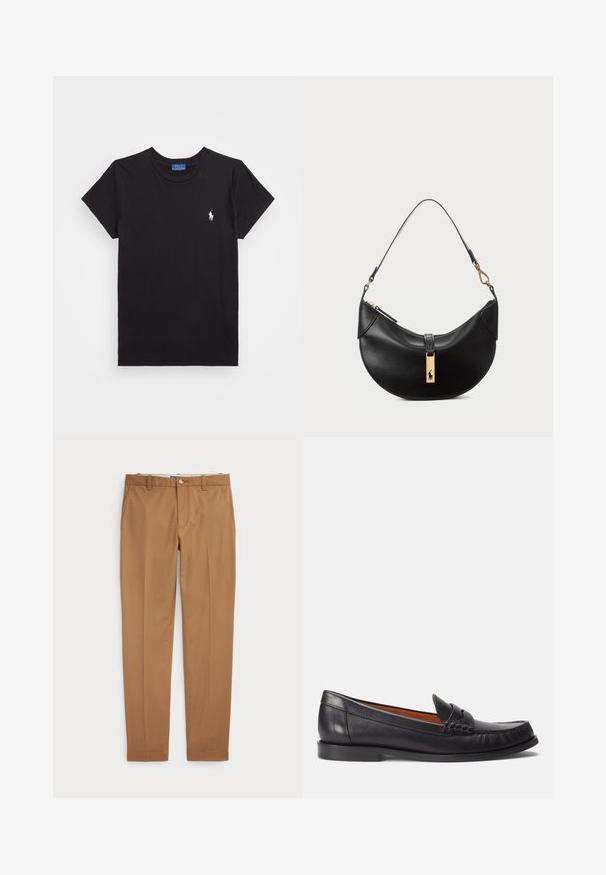 Camiseta de algodón negra con escote redondo, mangas cortas y un logo bordado en blanco en el lado izquierdo del pecho. Textura suave, diseño casual.; Pantalones de algodón marrón con un diseño ajustado, parte delantera plana y bolsillos estándar; textura suave y puños dobladillos.; Polo Ralph Lauren CALFSKIN PENNY LOAFER - Zapatos sin cordones - black; Bolso de cuero negro en forma de media luna. Presenta un acento de hardware dorado y una correa estrecha. Textura suave, cierre de cremallera en la parte superior.