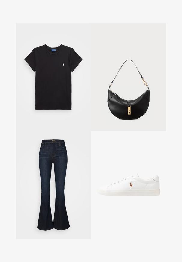 T-shirt en coton noir avec un col rond, des manches courtes et un logo brodé blanc sur la poitrine gauche. Texture lisse, design décontracté.; FRAME LE PIXIE HIGH FLARE - Jean flare - sutherland; Baskets en cuir blanc, design bas, avec une texture lisse, bout rond, lacets à l'avant et un petit logo brodé sur le côté.; Sac à main en cuir noir en forme de demi-lune. Doté d'un accent en métal doré et d'une sangle étroite. Texture lisse, fermeture éclair sur le dessus.