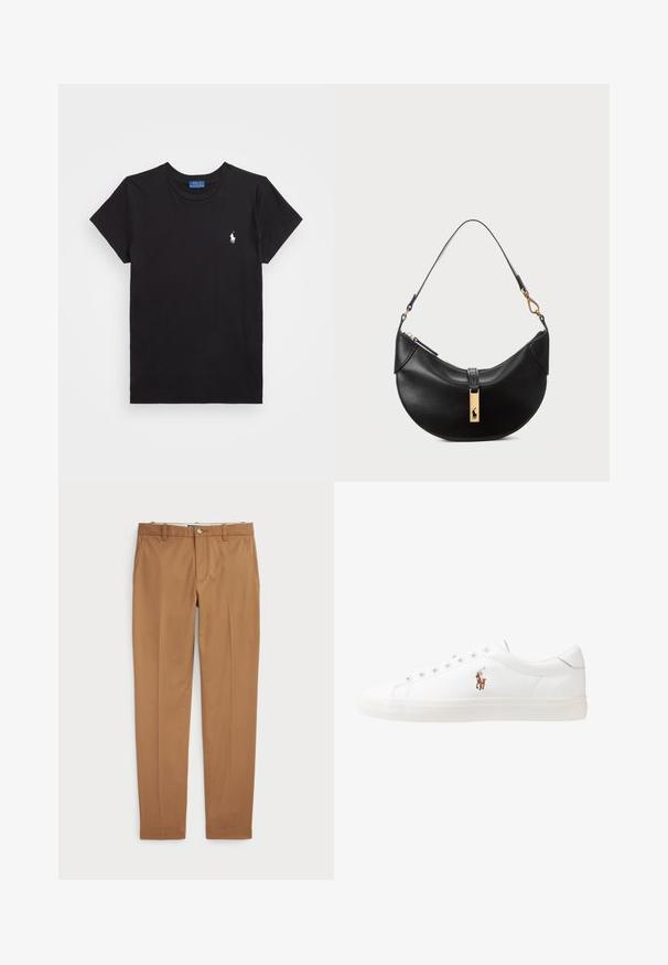 T-shirt de algodão preto com decote redondo, mangas curtas e um logótipo bordado branco no lado esquerdo do peito. Textura suave, design casual.; Calças de algodão castanhas com um design slim-fit, frente lisa e bolsos standard; textura suave e bainhas com acabamento.; Sapatilhas de couro brancas, design de cano baixo, com textura suave, biqueira redonda, atacadores à frente e um pequeno logótipo bordado na lateral.; Bolsa de couro preto em forma de meia-lua. Apresenta um detalhe em metais dourados e uma alça estreita. Textura suave, fechamento em zíper na parte superior.