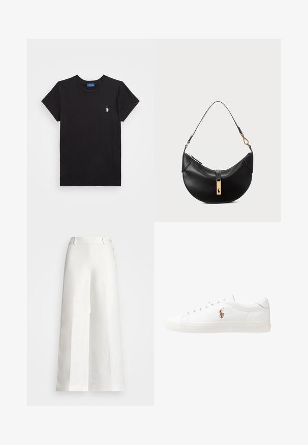 Black cotton t-shirt with a crew neckline, short sleeves, and a white embroidered logo on the left chest. Smooth texture, casual design.; Lauren Ralph Lauren BASHRALLE CROPPED FLAT FRONT - Trousers - white; White leather sneakers, low-top design, featuring a smooth texture, round toe, laced front, and a small embroidered logo on the side.; Black leather handbag in a half-moon shape. Features a gold hardware accent and a narrow strap. Smooth texture, zipper closure at the top.