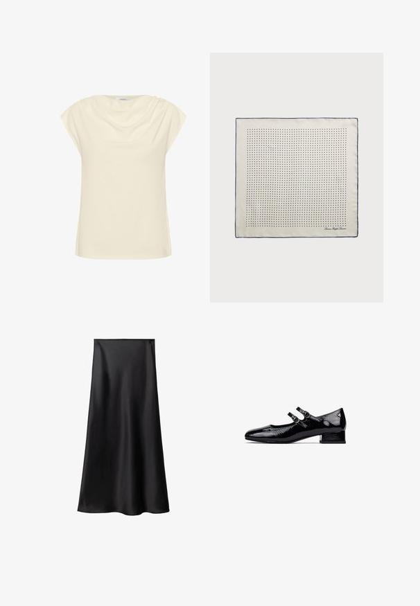 Cream-colored top with a loose fit, short rolled sleeves, and a draped neckline. Soft, smooth fabric with a subtle sheen.; Black satin skirt with a smooth texture, A-line silhouette, and mid-length design. Features a seamless waistband and a fluid drape.; Black patent leather Mary Jane shoes with a low block heel, double strap design, and circular metal buckles. Smooth, shiny texture.; Silk scarf in cream with a navy border, featuring evenly spaced navy dots forming a pattern. Signature printed in the corner.; Cream leather handbag with a crescent shape, gold hardware, black accents, and a removable strap. Features a chain detail and tag.