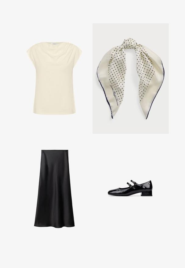 Kremowy bluzka o luźnym kroju, z krótkimi, podwiniętymi rękawami i drapowanym dekoltem. Miękka, gładka tkanina o delikatnym blasku.; Czarna satynowa spódnica o gładkiej fakturze, w kształcie litery A, o długości midi. Posiada bezszwowy pas i płynny układ.; Czarne lakierowane buty typu Mary Jane na niskim obcasie blokowym, z podwójnym zapięciem i okrągłymi metalowymi klamrami. Gładka, błyszcząca powierzchnia.; Jedwabny szalik w kremowym tle z granatowymi kropkami, związany na środku; granatowa obręcz; zawiera napis "Lauren Ralph Lauren."; Kremowa skórzana torebka w kształcie półksiężyca, z złotymi elementami, czarnymi akcentami oraz odpinanym paskiem. Posiada dodatkowo detal w postaci łańcucha oraz metkę.