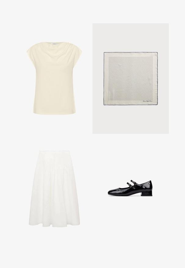 Crème-kleurige top met een losse pasvorm, korte opgerolde mouwen en een gedrapeerde halslijn. Zachte, gladde stof met een subtiele glans.; Witte midi-jurk gemaakt van lichtgewicht stof, met een aansluitende tailleband en zachte plooien voor volume. Gladde, vloeiende textuur zonder patronen.; Zwarte gepatineerde leren Mary Jane-schoenen met een lage blokhak, dubbel bandontwerp en ronde metalen gespen. Glad, glanzend oppervlak.; Zijden sjaal in crème met een marineblauwe rand, voorzien van gelijkmatig verdeeld marineblauwe stippen die een patroon vormen. Handtekening gedrukt in de hoek.; Crème leren handtas met een halve maan vorm, gouden hardware, zwarte accenten en een afneembare schouderband. Heeft een kettingdetail en label.
