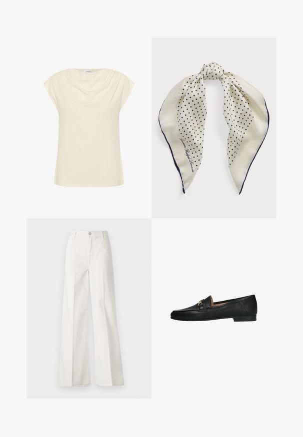 Cream-colored top with a loose fit, short rolled sleeves, and a draped neckline. Soft, smooth fabric with a subtle sheen.; White wide-leg trousers made from cotton with a smooth texture. Features a front button, zipper fly, and four-pocket design.; Manfield Slip-ons - schwarz; Silk scarf featuring a cream background with navy polka dots, tied at the center; navy border; includes text "Lauren Ralph Lauren."; Cream leather handbag with a crescent shape, gold hardware, black accents, and a removable strap. Features a chain detail and tag.