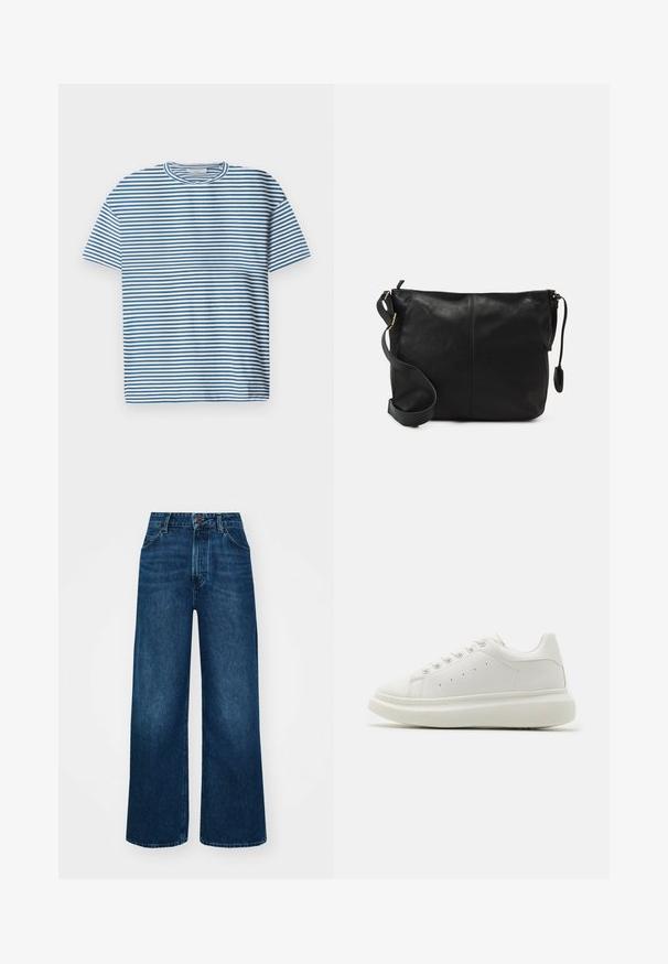 Gestreept T-shirt in lichtblauw en wit, met korte mouwen en een ronde hals. Gemaakt van gladde, ademende stof.; Hoge taille, wijde jeans in donkerblauwe denim met een gladde textuur, contraststiksels en een vijf-pocket ontwerp. Sluiting met een knoop aan de voorkant.; Witte leren sneaker met een ronde neus, platte rubberen zool, zes veterogen met vetersluiting en perforatie details aan de zijkant voor ventilatie.; Zwarte leren schoudertas met een platte vorm, gouden hardware-accenten en een verstelbare schouderband. Gladde textuur met minimale stikdetails.