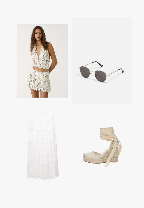 Weißes Halsbandoberteil mit schwarzen Punkten, das einen tiefen V-Ausschnitt und einen gerafften Schnitt aufweist. Kombiniert mit einem passenden gestuften Minirock.; Weiße, gestufte Rock aus leichtem Stoff, mit einem dehnbaren Bund, Rüschenschichten und einem fließenden Design, das bis zur Mitte der Wade reicht.; Beige Espadrille-Wedge mit einem strukturierten Obermaterial aus Stoff, Jute-Plattform und langen Stoff-Ankle-Bändern. Mit einer abgerundeten Zehenpartie und einem geflochtenen Fersendetail.; Runde Sonnenbrillen mit dunklen Gläsern, dünnem goldfarbenem Metallrahmen, Kunststoff-Tempelenden und verstellbaren Nasenpads. Minimalistisches Design mit klassischem Look.; Gewebte beige Handtasche mit einem strukturierten Design, ausgestattet mit einem gerafften Satin-Innenfutter und fransenähnlichen Details, abgerundet mit zwei geflochtenen Griffen.