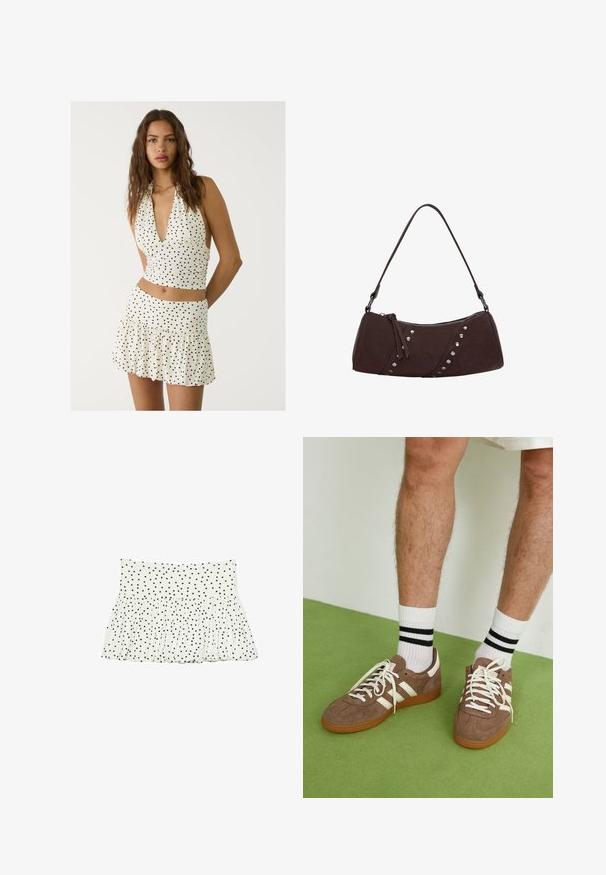 Top halter bianco con pois neri, caratterizzato da un profondo scollo a V e design arricciato. Abbinato a una mini gonna a strati coordinata.; Gonna di tessuto bianco con design arricciato, caratterizzata da un motivo con pois neri in tutta la superficie. Vita elastica con orlo svasato.; Sneaker in suede marrone con dettagli e lacci bianchi. Suola in gomma color gomma. Indossati con calzini bianchi con righe nere. Pavimento verde texturizzato.; Borsa a tracolla in finta pelle marrone con forma curva, chiusura con zip e borchie decorative argentate su un lato. Presenta una spallina corta.