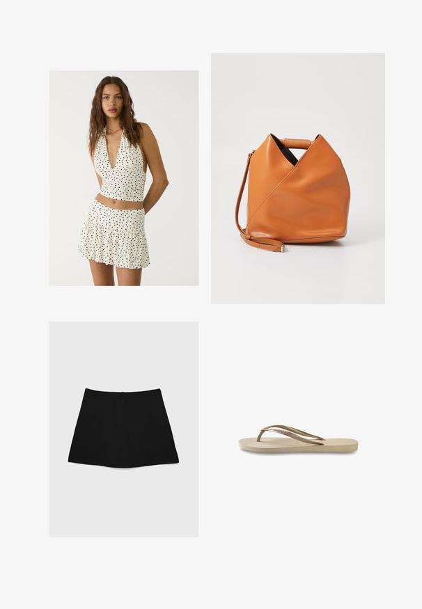 Bijela halter majica s crnim točkicama, koja ima duboki V izrez i naborani dizajn. Kombinirana s odgovarajućom mini suknjom s slojevima.; Crna mini suknja s glatkrom teksturom, A-linijskog kroja i zakrivljenim rubom. Sadrži zatvarač na stražnjoj strani za zatvaranje, bez dodatnih uzoraka ili akcenta.; Svijetlosmeđi japank s teksturiranim uloškom, ravnim potplatom i tankim, sjajnim trakama. Sadrži suptilno brendiranje na traci.; Tamn kožni ručni torbica s jedinstvenim trokutastim nabranim dizajnom, s gornjom drškom i odvojivim remenom za rame na bijeloj pozadini.