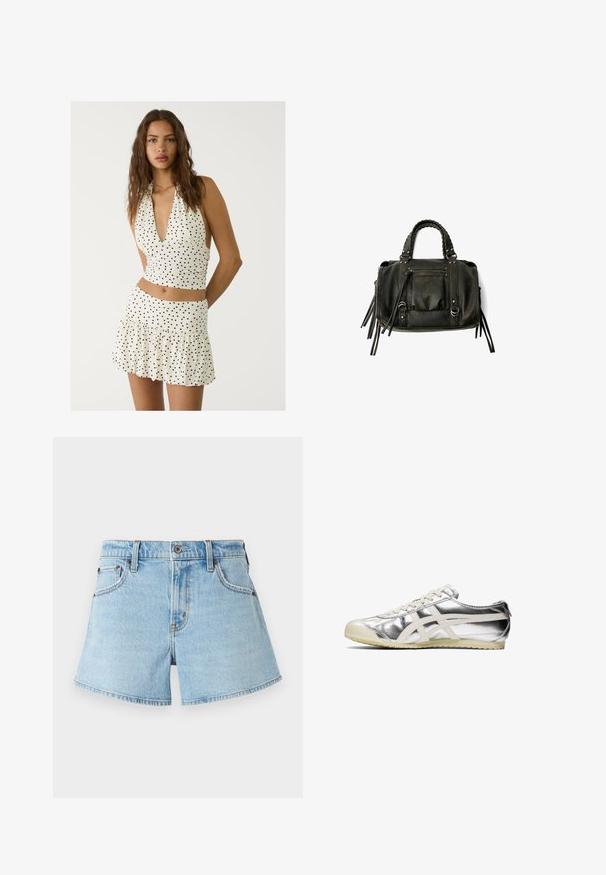 Bílý top na ramínka s černými puntíky, s hlubokým véčkovým výstřihem a řaseným designem. Spárován se šaty s volány mini sukně ve stejném stylu.; Světle modré džíny šortky s klasickým pěti kapsovým designem, vyšitými detaily a rozstřiženým lemem. Obsahují kovový knoflík a zip.; Stříbrná metalická teniska s bílými akcenty a šňůrkami. Disponuje texturovaným povrchem, zaoblenou špičkou a gumovou podrážkou s vzorem pro lepší přilnavost.; Černá kožená kabelka s pletenými rukojetmi, kapsou na zip a visícími třásněmi. Texturovaný povrch s kovovými hroty a kovovými akcenty.