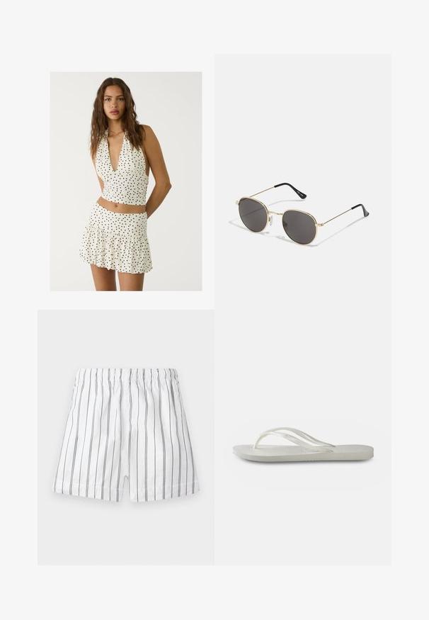 Biely top s halter výstrihom a čiernymi bodkami, s hlbokým V-výstrihom a zrúteným dizajnom. V páre s ladilovou mini sukňou s volánmi.; Biele šortky s tenkými vertikálnymi sivými pruhmi, elastickým pásom a pohodlným strihom. Vyrobené z ľahkej látky pre priedušnosť.; Biele žabky s textúrovanou podrážkou, tenkými popruhmi a plochým dizajnom. Vyrobené z gumy s jemným logom na podošve.; Okuliare so zaoblenými sklíčkami s tmavými šošovkami, tenkým zlatým kovovým rámom, plastovými koncami straníc a nastaviteľnými nosnými podložkami. Minimalistický dizajn s klasickým vzhľadom.; Slamená kabelka s širokým, ventilátorovým dizajnom, čiernymi koženými rukoväťami a čiernymi kvetinovými detailmi na jednej strane.