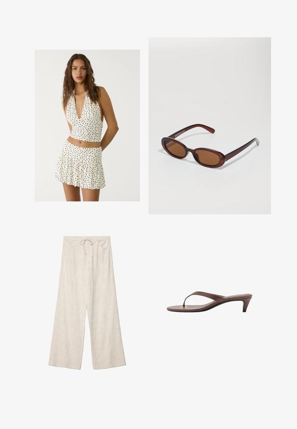 White halter top with black polka dots, featuring a deep V-neck and ruched design. Paired with a matching tiered mini skirt.; Wide-leg trousers in a light cream fabric, featuring a textured floral pattern, elastic waistband, and front pockets.; Brown heeled flip-flop sandal with a slender strap and rounded toe post, featuring a small gold accent on the footbed.; Round, brown-tinted sunglasses with a glossy burgundy frame. Slim arms with subtle branding detail. Flat lens design.