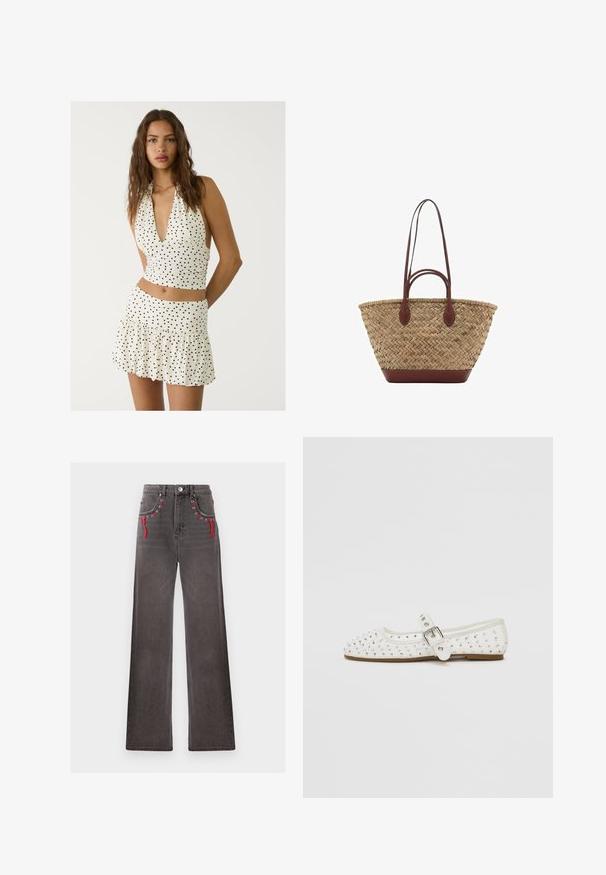 Bijela halter majica s crnim točkicama, koja ima duboki V izrez i naborani dizajn. Kombinirana s odgovarajućom mini suknjom s slojevima.; Široke, hlače s visokim strukom od izblijedjelog crnog denima s crvenim vezicama i metalnim rupicama na prednjim džepovima. Imaju klasično zatvaranje na dugme i patentni zatvarač.; Bijela ravna cipela s oštrim nosom, ukrašena srebrnim zakovicama, s kopčom preko gornjeg dijela stopala i svijetlosmešnim đonom.; Tkana torba od trske s pletenom teksturom, tamnosmeđi kožni drška i dno, široki kružni oblik i otvoreni gornji dizajn.