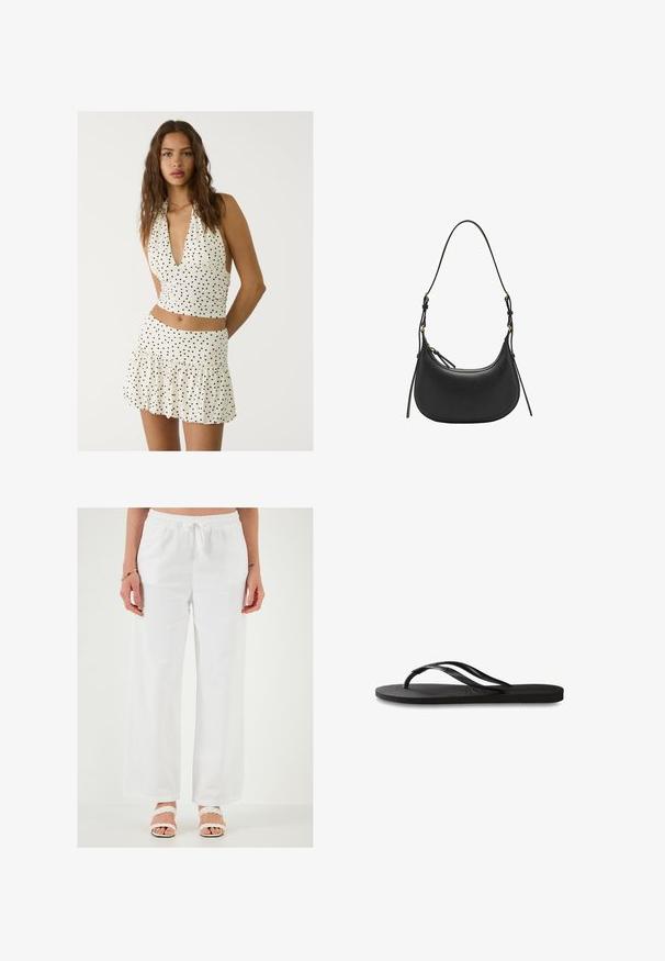 Biały top na halter z czarnymi kropkami, z głębokim dekoltem w kształcie V i marszczonym designem. W zestawie z dopasowaną mini spódnicą z falbanami.; Białe, luźne lniane spodnie z elastycznym pasem w talii i sznurkiem do regulacji. Gładka tekstura, szerokie nogawki i brak widocznych wzorów.; Czarne klapki z teksturowaną gumową podeszwą, dwiema smukłymi paskami oraz subtelnym, wytłoczonym logo na pasku.; Czarna skórzana torba na ramię o zaokrąglonym kształcie, z regulowanym paskiem, złotymi akcentami wykończenia i gładką teksturą.
